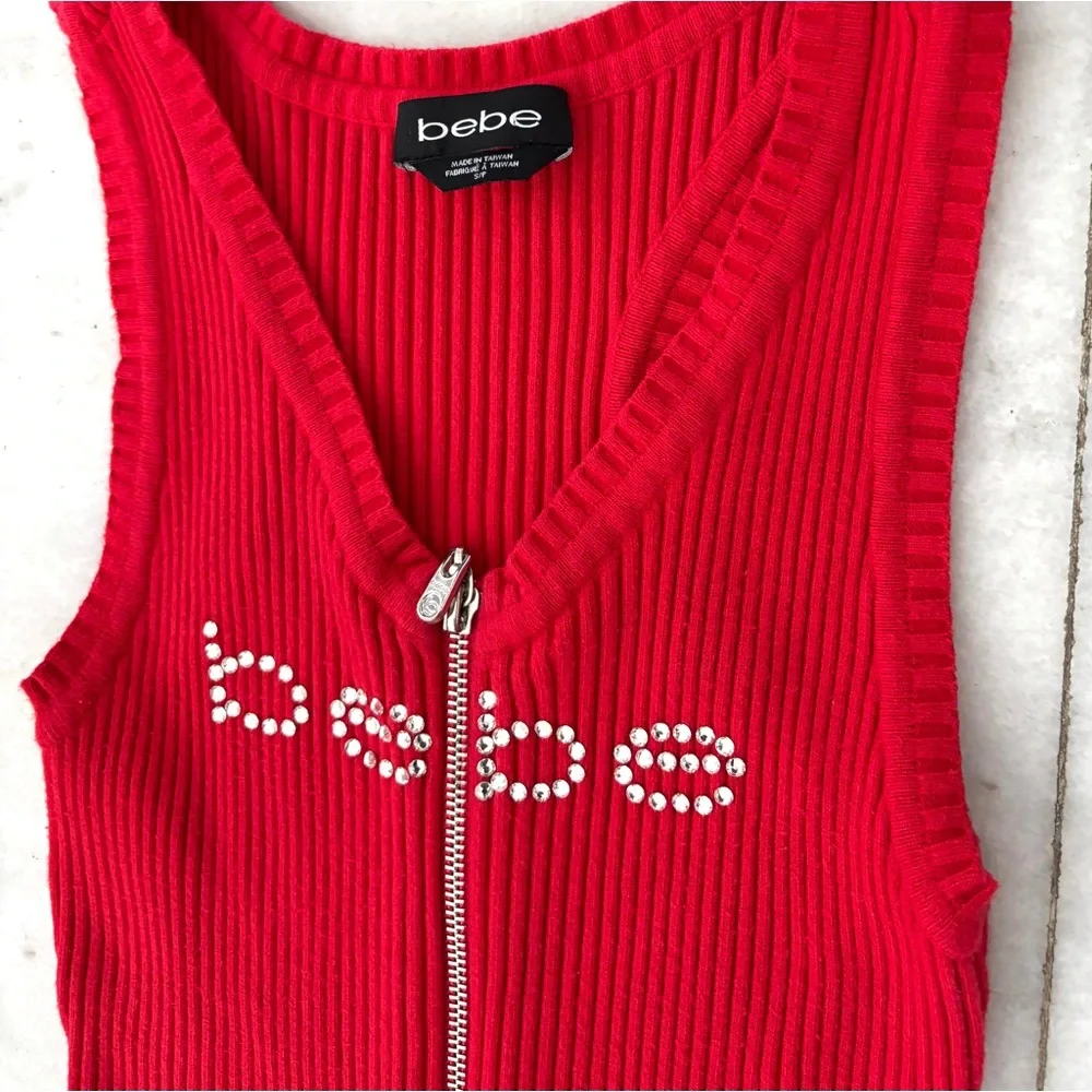 Y2K BEBE Dress Red Swarovski Midi Ribbed Knit Full Zip Women S Hip Hop Boho